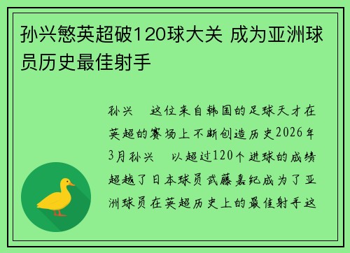 孙兴慜英超破120球大关 成为亚洲球员历史最佳射手